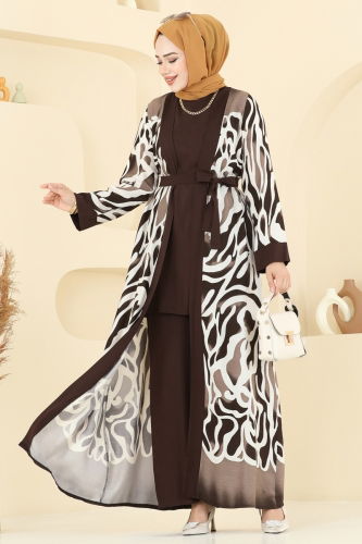 B.G.S. - Desenli Üçlü Viskon Takım 0345BG354 Desen 1 Kahve