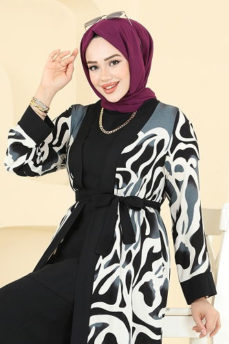 moda selvim Desenli Üçlü Viskon Takım 0345BG354 Desen 1 Siyah - Thumbnail