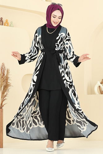 moda selvim Desenli Üçlü Viskon Takım 0345BG354 Desen 1 Siyah - Thumbnail
