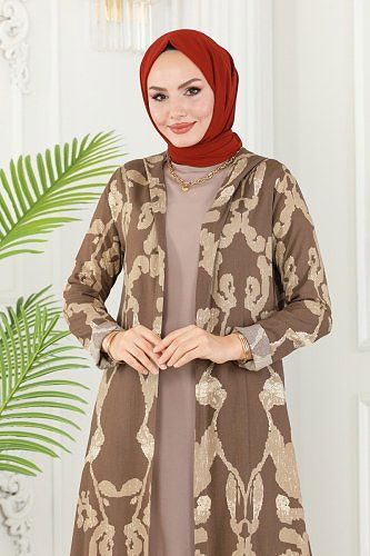 moda selvim Desenli Üçlü Viskon Takım 4026BG354 Koyu Vizyon&Vizyon - Thumbnail