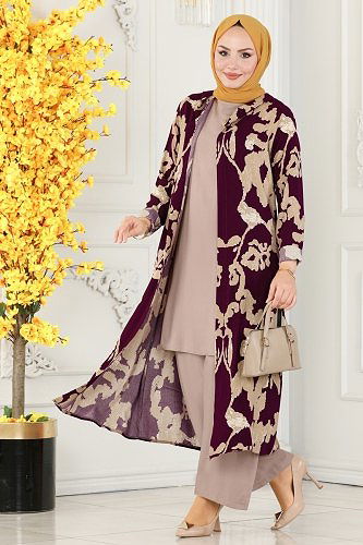 moda selvim Desenli Üçlü Viskon Takım 4026BG354 Mürdüm&Vizyon - Thumbnail