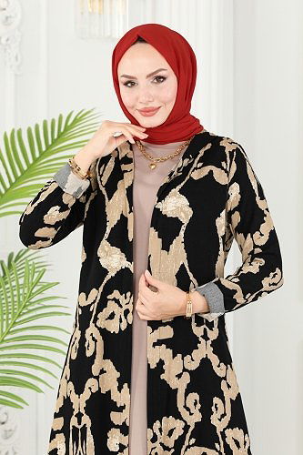 moda selvim Desenli Üçlü Viskon Takım 4026BG354 Siyah&Vizyon - Thumbnail