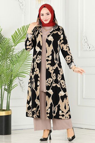 moda selvim Desenli Üçlü Viskon Takım 4026BG354 Siyah&Vizyon - Thumbnail