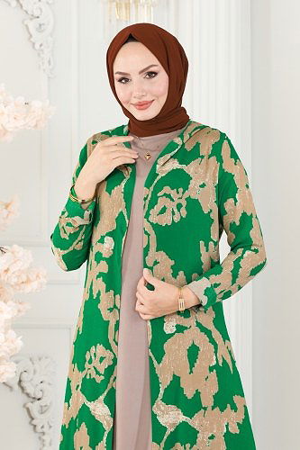 moda selvim Desenli Üçlü Viskon Takım 4026BG354 Yeşil&Vizyon - Thumbnail