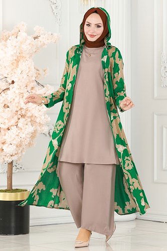 moda selvim Desenli Üçlü Viskon Takım 4026BG354 Yeşil&Vizyon - Thumbnail