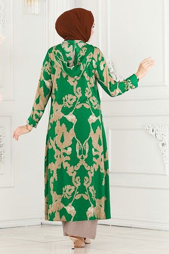 moda selvim Desenli Üçlü Viskon Takım 4026BG354 Yeşil&Vizyon - Thumbnail