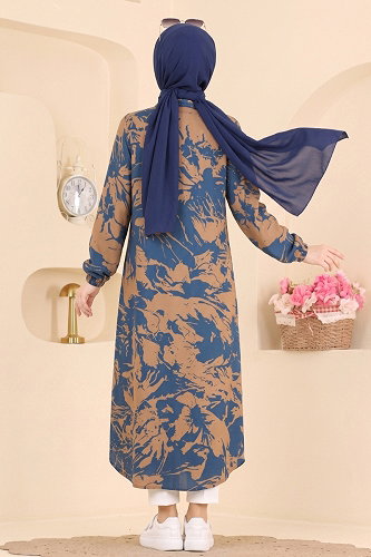 moda selvim Desenli Uzun Dokuma Tunik 201NZRK1200 Bej&Laci - Thumbnail