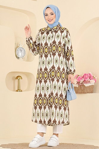 moda selvim Desenli Uzun Tunik 181NZRK1200 Kahve - Thumbnail