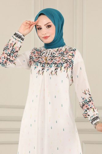 moda selvim Sulu Desenli Viskon Elbise 1098BG354 Ekru - Thumbnail