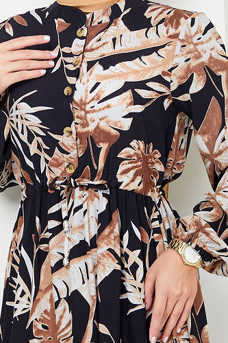 moda selvim Desenli Viskon Elbise 2351BGS895-M Siyah - Thumbnail