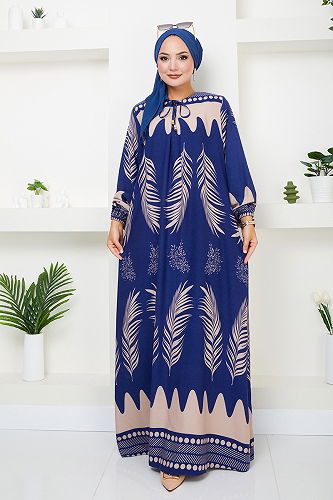 moda selvim Desenli Viskon Elbise 2353BGS895-M Saks - Thumbnail