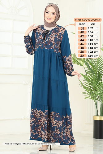 moda selvim Desenli Viskon Elbise 4082ZNN863 Petrol - Thumbnail