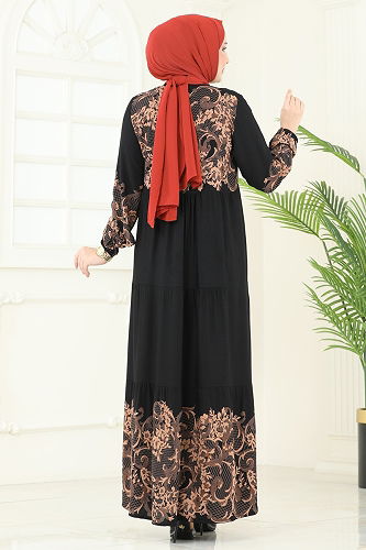 moda selvim Desenli Viskon Elbise 4082ZNN863 Siyah - Thumbnail
