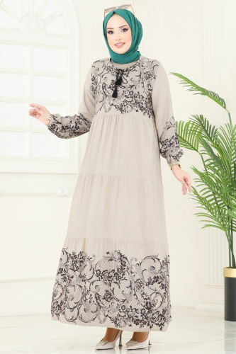 moda selvim Desenli Viskon Elbise 4082ZNN863 Taş - Thumbnail