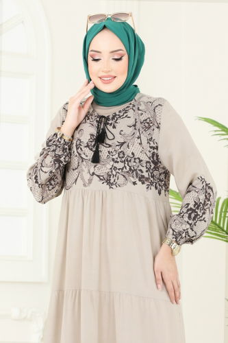 moda selvim Desenli Viskon Elbise 4082ZNN863 Taş - Thumbnail