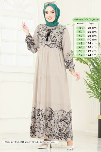 moda selvim Desenli Viskon Elbise 4082ZNN863 Taş - Thumbnail