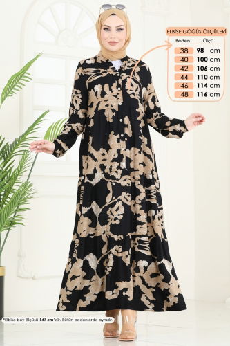 moda selvim Desenli Viskon Elbise 4084ZNN863 Siyah - Thumbnail