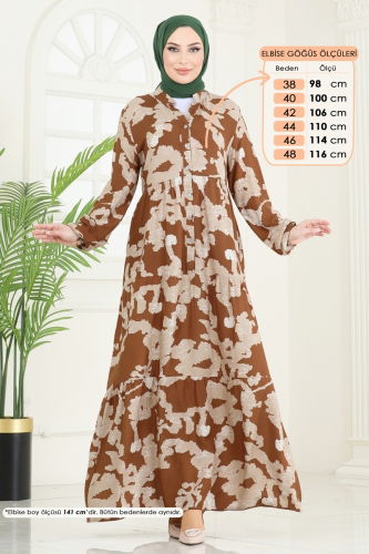 moda selvim Desenli Viskon Elbise 4084ZNN863 Taba - Thumbnail