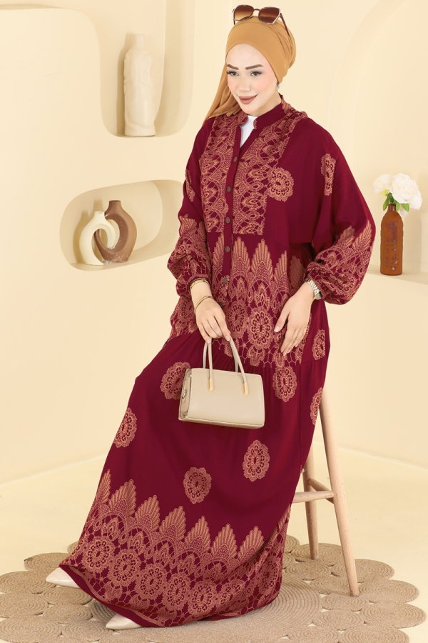 Modaselvim Elbise Desenli Viskon Elbise 5594ZNNK1102 Bordo
