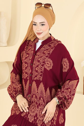 moda selvim Desenli Viskon Elbise 5594ZNNK1102 Bordo - Thumbnail