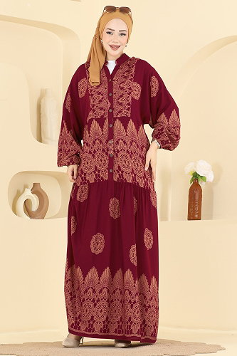 moda selvim Desenli Viskon Elbise 5594ZNNK1102 Bordo - Thumbnail