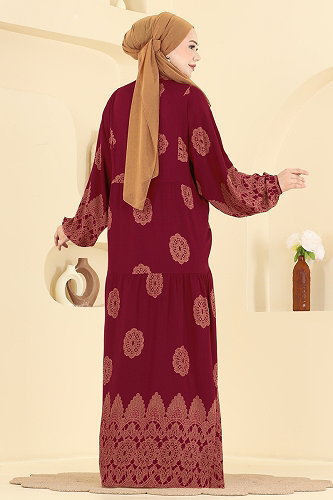 moda selvim Desenli Viskon Elbise 5594ZNNK1102 Bordo - Thumbnail