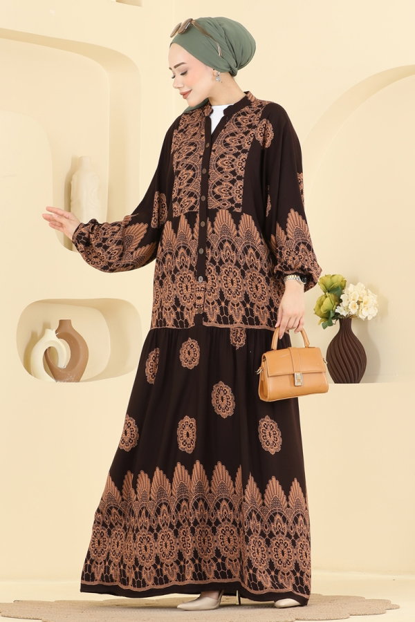 Modaselvim Elbise Desenli Viskon Elbise 5594ZNNK1102 Kahve