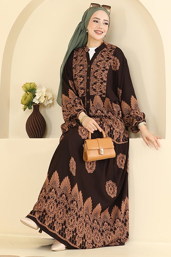 moda selvim Desenli Viskon Elbise 5594ZNNK1102 Kahve - Thumbnail
