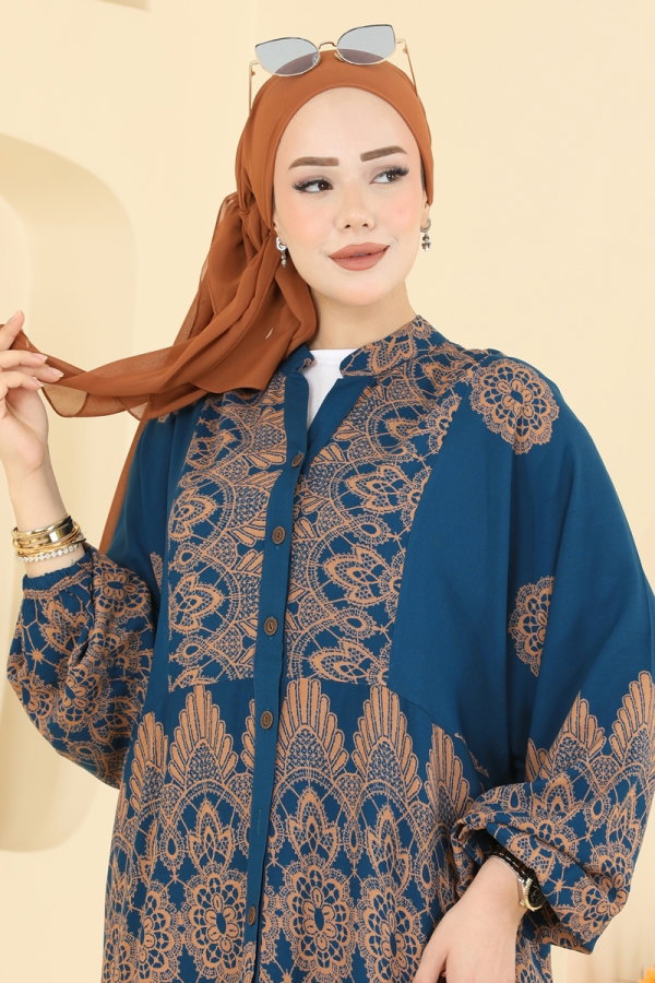 Modaselvim Elbise Desenli Viskon Elbise 5594ZNNK1102 Petrol
