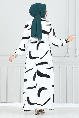 moda selvim Desenli Viskon Elbise 800OZR1047-M Ekru - Thumbnail