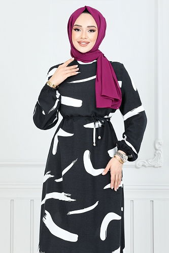 moda selvim Desenli Viskon Elbise 800OZR1047-M Siyah - Thumbnail