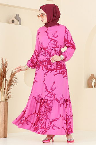 moda selvim Desenli Viskon Elbise 812OZN1046 Fuşya - Thumbnail