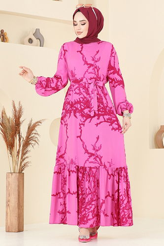 moda selvim Desenli Viskon Elbise 812OZN1046 Fuşya - Thumbnail