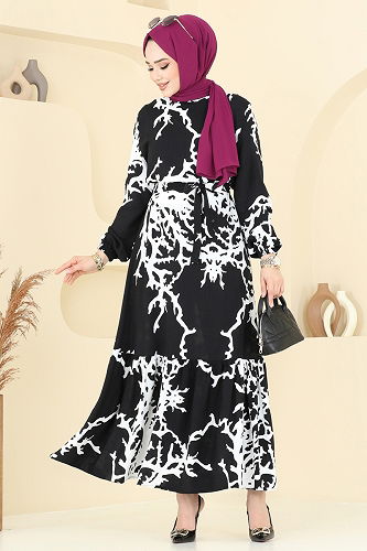 moda selvim Desenli Viskon Elbise 812OZN1046 Siyah - Thumbnail