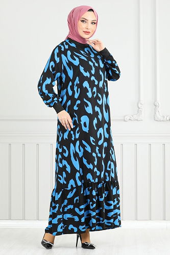 moda selvim Desenli Viskon Elbise 820OZR1047-M İndigo - Thumbnail