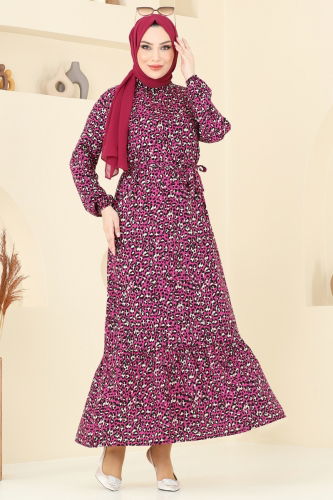 moda selvim Desenli Viskon Elbise 822OZN1046 Fuşya - Thumbnail