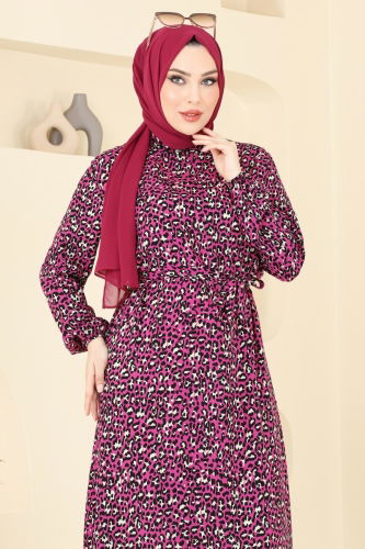 moda selvim Desenli Viskon Elbise 822OZN1046 Fuşya - Thumbnail