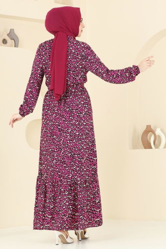 moda selvim Desenli Viskon Elbise 822OZN1046 Fuşya - Thumbnail