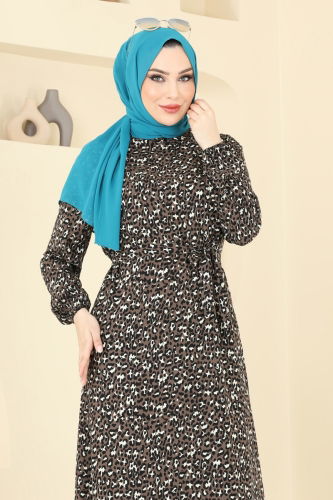 moda selvim Desenli Viskon Elbise 822OZN1046 Kahve - Thumbnail