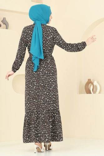 moda selvim Desenli Viskon Elbise 822OZN1046 Kahve - Thumbnail