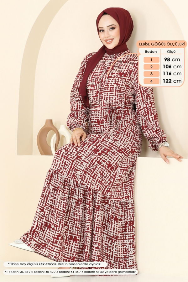 Modaselvim Elbise Desenli Viskon Elbise 827OZN1046 Kırmızı