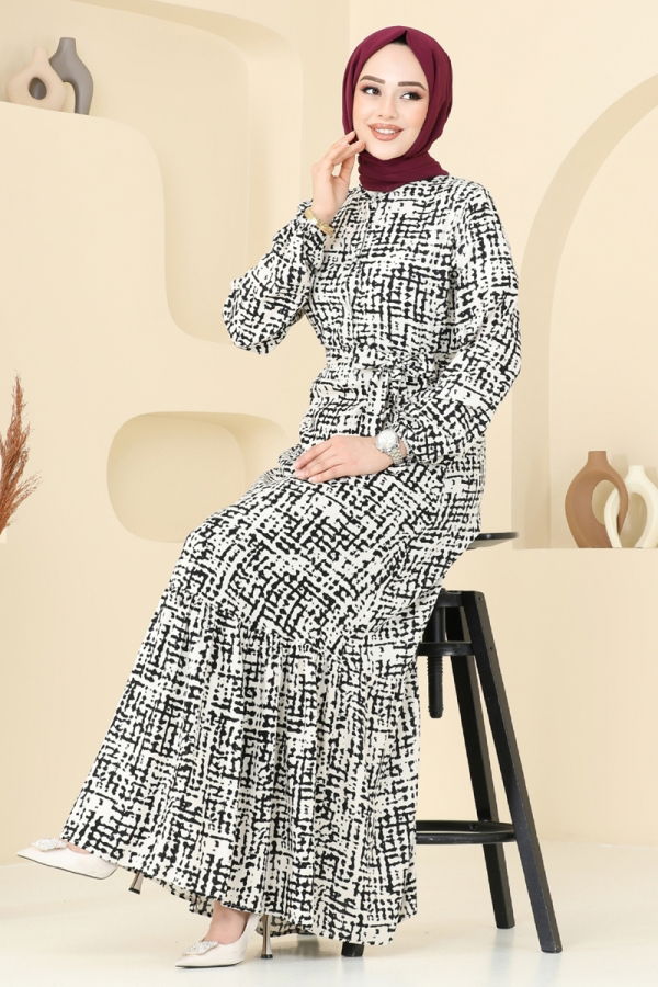 Modaselvim Elbise Desenli Viskon Elbise 827OZN1046 Siyah