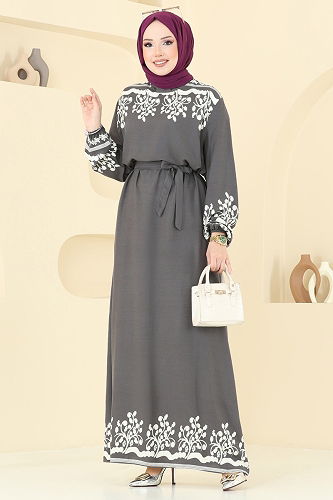 moda selvim Desenli Viskon Elbise 837OZN1046 Antrasit - Thumbnail