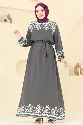 moda selvim Desenli Viskon Elbise 837OZN1046 Antrasit - Thumbnail