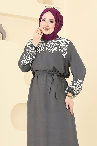 moda selvim Desenli Viskon Elbise 837OZN1046 Antrasit - Thumbnail