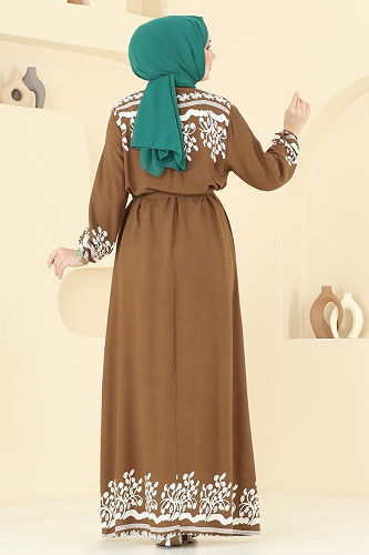 moda selvim Desenli Viskon Elbise 837OZN1046 Taba - Thumbnail