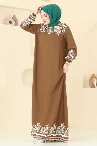moda selvim Desenli Viskon Elbise 837OZN1046 Taba - Thumbnail