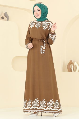moda selvim Desenli Viskon Elbise 837OZN1046 Taba - Thumbnail