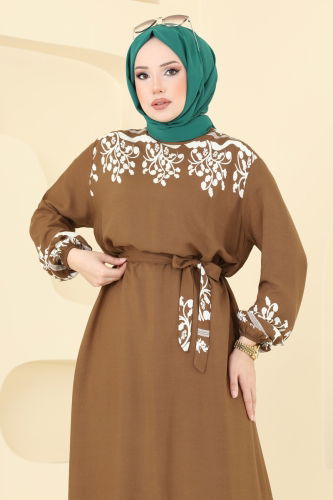 moda selvim Desenli Viskon Elbise 837OZN1046 Taba - Thumbnail