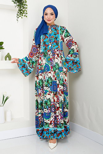 moda selvim Desenli Viskon Elbise MDP7113-M Mavi - Thumbnail